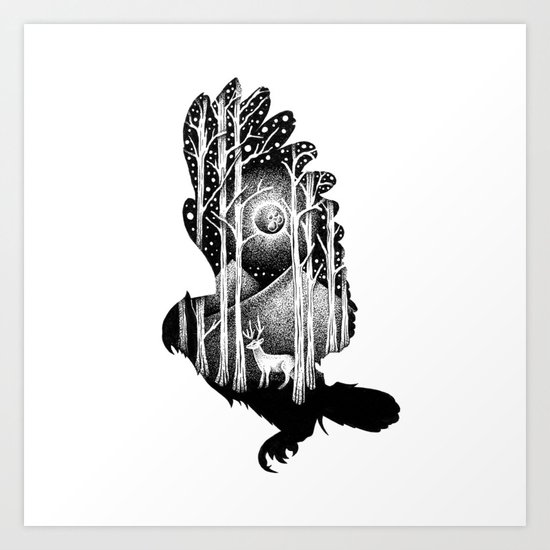 THE OWL AND THE DEER Art Print