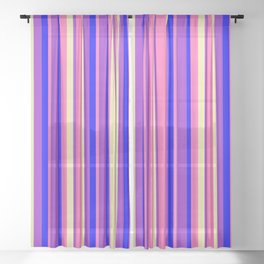 [ Thumbnail: Hot Pink, Pale Goldenrod, Dark Orchid & Blue Colored Stripes Pattern Sheer Curtain ]
