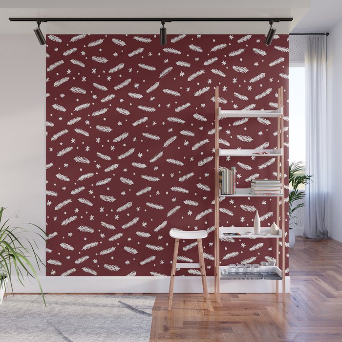 Christmas branches and stars - red and white Wall Mural