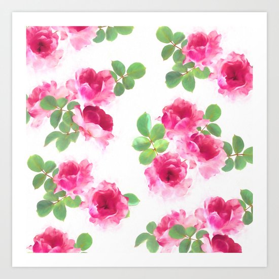 Raspberry Pink Painted Roses on White Art Print