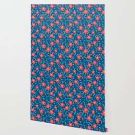 Rose Bramble Pattern- Coral and Blue Wallpaper