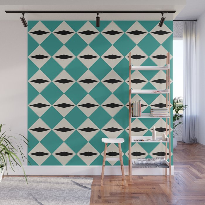 Geometric Diamond Pattern 827 Black Turquoise and Beige Wall Mural