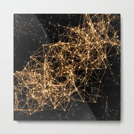 Shiny golden dots connected lines on black Metal Print