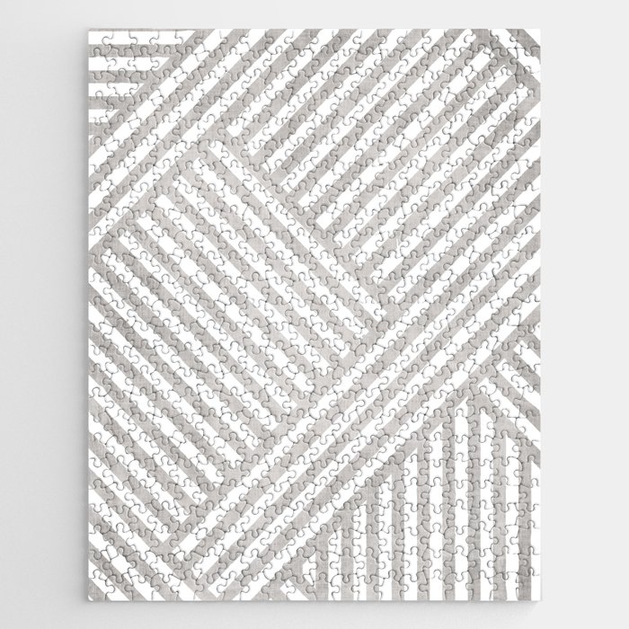 Modern Geometric Lines White Beige Linen Jigsaw Puzzle