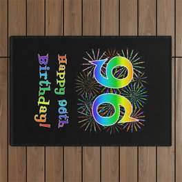 [ Thumbnail: 96th Birthday - Fun Rainbow Spectrum Gradient Pattern Text, Bursting Fireworks Inspired Background Outdoor Rug ]