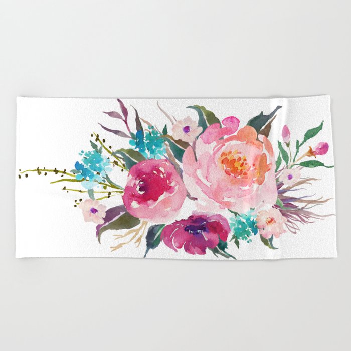 Watercolor Turquoise Pink Flower Bouquet Beach Towel