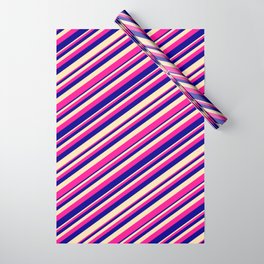 [ Thumbnail: Deep Pink, Dark Blue & Beige Colored Lined Pattern Wrapping Paper ]