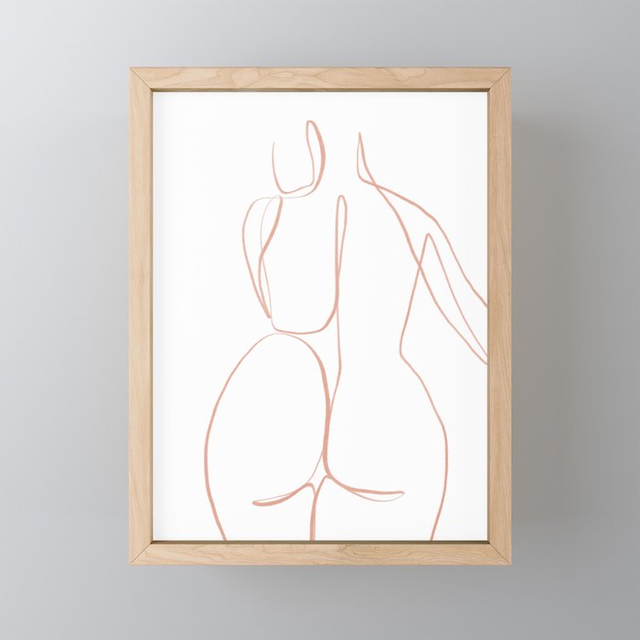 Minimalistic female nude line art pink - body positivity  Framed Mini Art Print