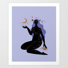 moon goddess in very peri Art Print | Stars, Sun, Long Hair, Sitting Woman, Blue, Black, Feminine, Creation, Drawing, Planets 