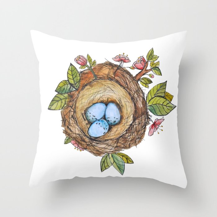 Bird nest Spring watercolor Throw Pillow by Jennifer Rizzo Design