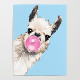 Bubble Gum Sneaky Llama in Blue Poster
