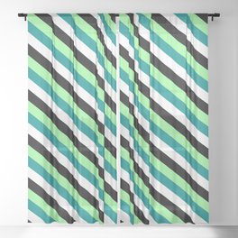 [ Thumbnail: Green, Dark Cyan, White, and Black Colored Lined/Striped Pattern Sheer Curtain ]