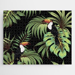 Tropical vintage toucan, palm leaves floral seamless pattern black background. Exotic jungle wallpaper.  Jigsaw Puzzle