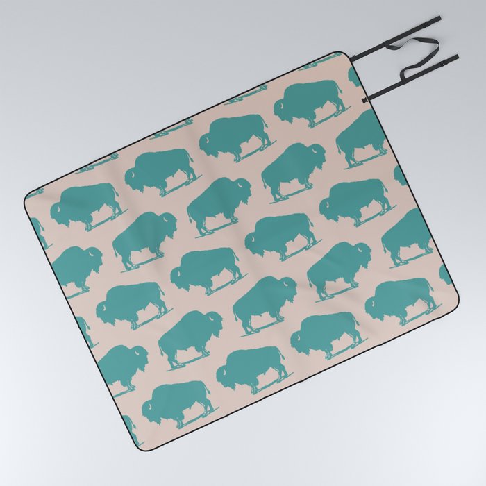 Buffalo Bison Pattern Turquoise and Beige Picnic Blanket
