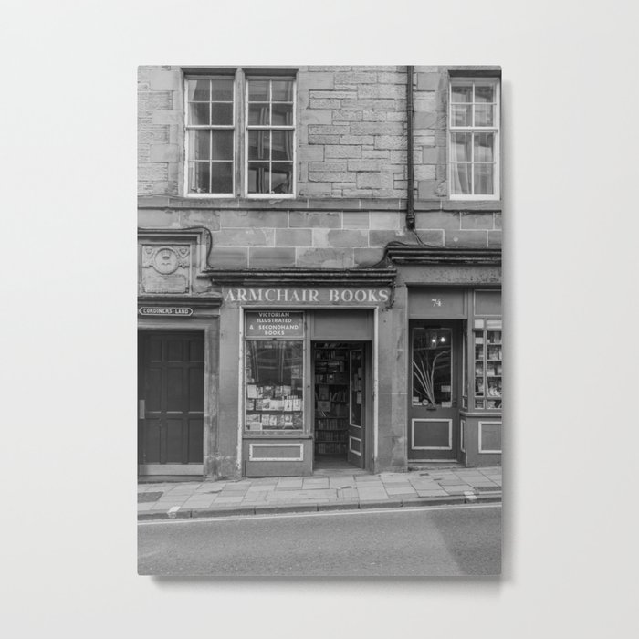 The Armchair Book Shop | Streets of Edinburgh in Black and White Art Print | Vintage Scotland Travel Photography Metal Print