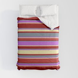 [ Thumbnail: Eyecatching Slate Gray, Orchid, Pale Goldenrod, Red, and Dark Red Colored Lines/Stripes Pattern Comforter ]