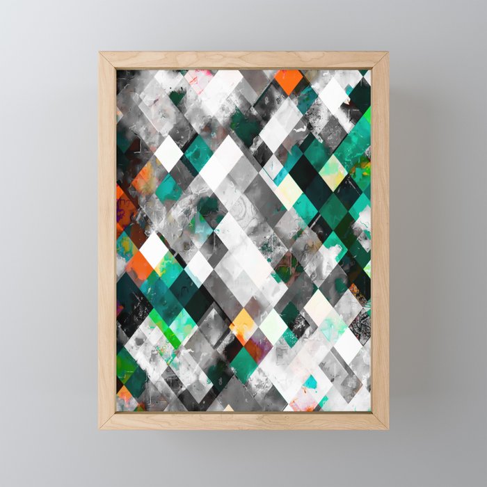 geometric pixel square pattern abstract background in green orange Framed Mini Art Print