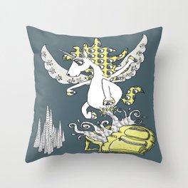 Magical Mystery Backpack Throw Pillow | Fantasy, Mythology, Yellow, Children, Animal, Wings, Teal, Pattern, Digitalart, Quirkyart 