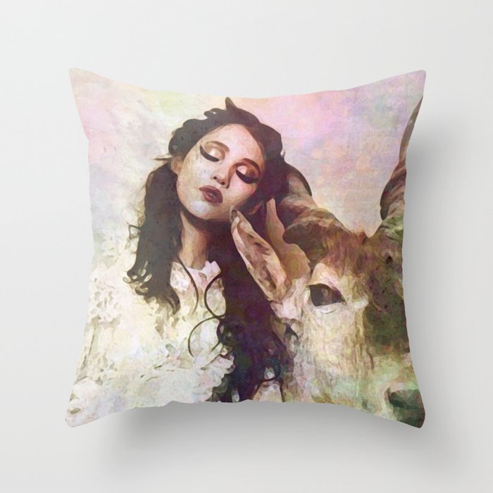 girl & deer Throw Pillow