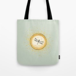 Sketched Dragonfly Gold Circle Pendant on Apple Green Tote Bag