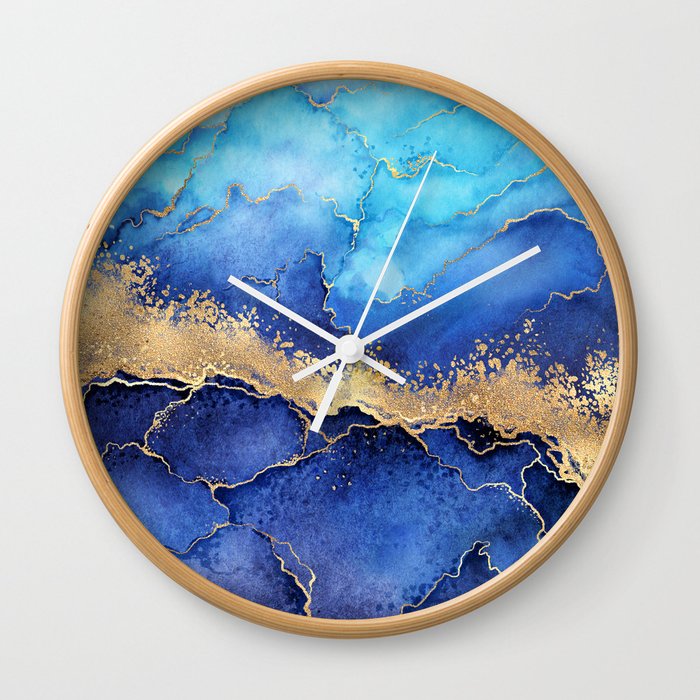 Midnight Blue + Gold Wavy Abstract Shoreline Wall Clock