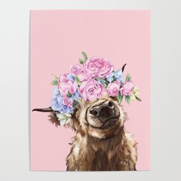 Gorgeous Highland Cow with Flower Crown in Pink Poster