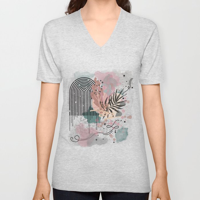Old paper style with shapes, rainbow and plants V Neck T Shirt
