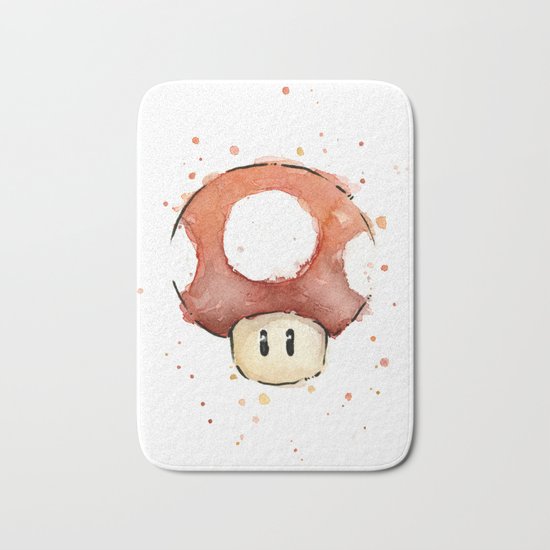 Red Mushroom Watercolor Mario Art Nintendo Geek Gaming Bath Mat