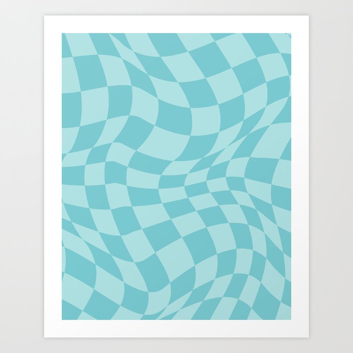 Warped Checkered Pattern in Aqua Blue, Wavy Checkerboard Art Print