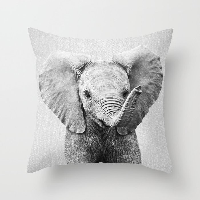 Baby Elephant - Black & White Throw Pillow