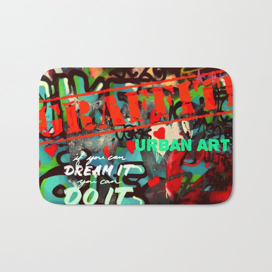 Blue teal crimson red fancy graffiti typography print Bath Mat