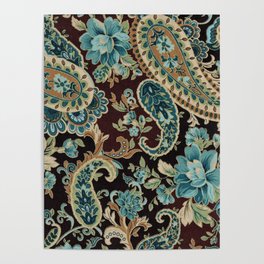 Brown Turquoise Paisley Floral Poster