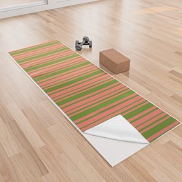 [ Thumbnail: Salmon and Green Colored Lines Pattern Yoga Towel ]