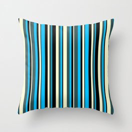 [ Thumbnail: Deep Sky Blue, Dark Slate Gray, Light Yellow & Black Colored Striped/Lined Pattern Throw Pillow ]