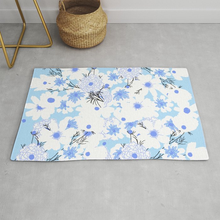 Retro Modern Spring Wildflowers Blue and Turquoise Rug