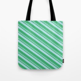 [ Thumbnail: Powder Blue and Sea Green Colored Stripes Pattern Tote Bag ]