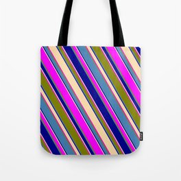 [ Thumbnail: Blue, Dark Blue, Tan, Fuchsia, and Green Colored Stripes/Lines Pattern Tote Bag ]
