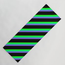 [ Thumbnail: Eye-catching Tan, Lime, Green, Medium Slate Blue & Black Colored Striped/Lined Pattern Yoga Mat ]