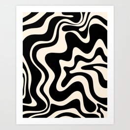Retro Liquid Swirl Abstract in Black and Almond Cream 2 Art Print