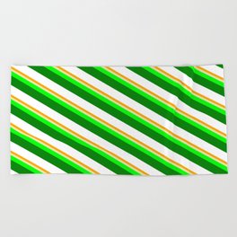 [ Thumbnail: Vibrant Orange, Pale Goldenrod, Lime, Green, and White Colored Stripes/Lines Pattern Beach Towel ]