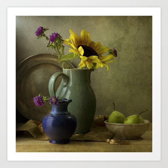 Sunflowers and blue vase Art Print