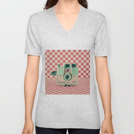 Mint Retro Camera on Red Chequered Background  Unisex V-Neck
