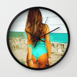 Woman Wearing Swimsuit Facing Back Standing On Road Wall Clock | Kassandra, Woman, Sand, Sea, Zonde, Sanibeach, Bathingsuit, Painting, Vintageposters, Swimwear 