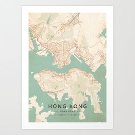Hong Kong, Hong Kong - Vintage Map Art Print