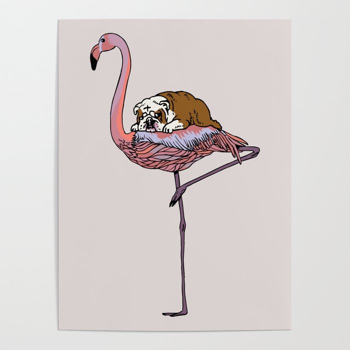 Flamingo and English Bulldog Poster
