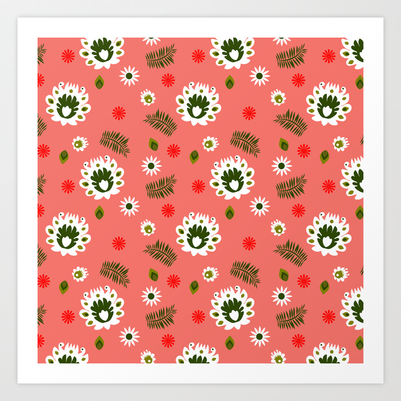 Polish Folk Flowers On Living Coral Background Art Print By Fk Uk Society6