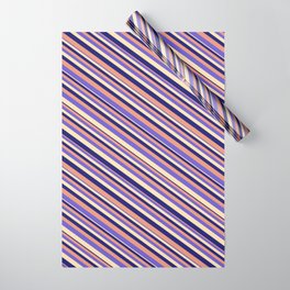 [ Thumbnail: Dark Salmon, Slate Blue, Beige & Midnight Blue Colored Lines Pattern Wrapping Paper ]