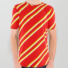[ Thumbnail: Red, Yellow, and White Colored Stripes Pattern All Over Graphic Tee ]