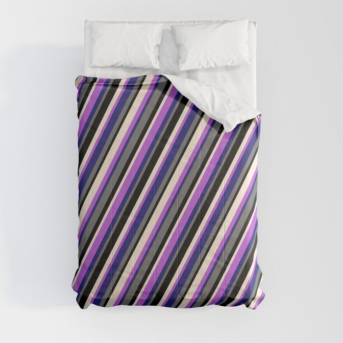 Colorful Beige, Orchid, Midnight Blue, Dim Gray, and Black Colored Lined/Striped Pattern Comforter