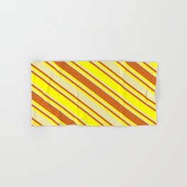 [ Thumbnail: Pale Goldenrod, Chocolate, and Yellow Colored Lined/Striped Pattern Hand & Bath Towel ]